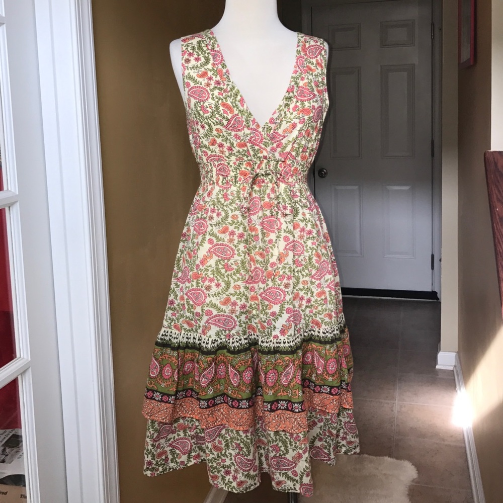 Boho Paisley Floral V neck Cottagecore Dress M Sun